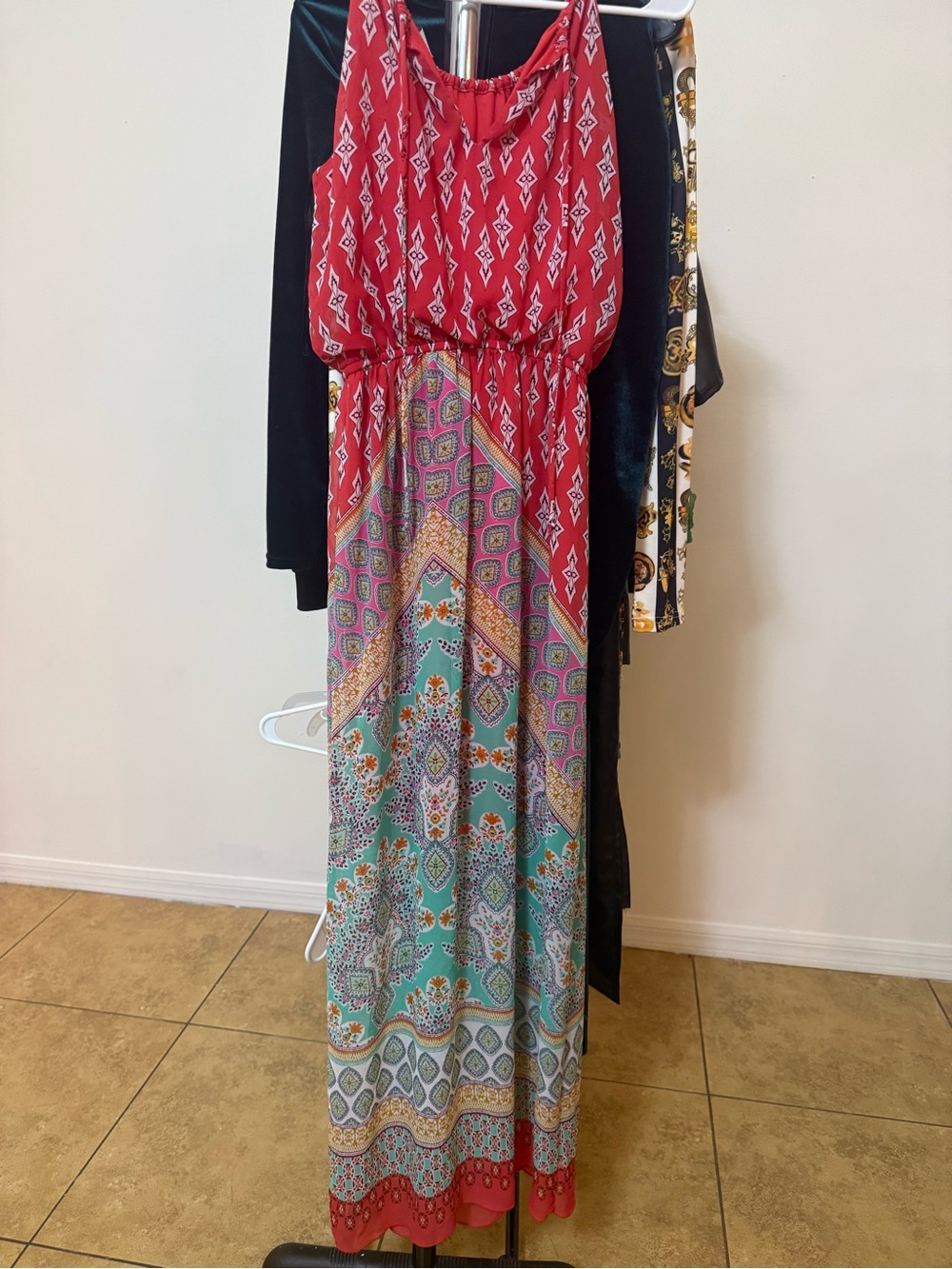 Sweet Storm Red and Teal Boho Patchwork Maxi Dress